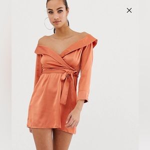 Missguided Off-The-Shoulder Midi Dress in Peach Satin